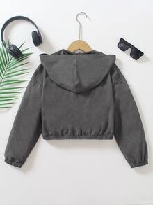 SHEIN 青少年女孩冬季抓絨長袖深灰色仿麂皮拉鍊連帽機能夾克，休閒街頭風，可愛素色，適合學校、大學、職業體驗日 - 綠色 - 查看 3