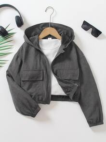 SHEIN 青少年女孩冬季抓絨長袖深灰色仿麂皮拉鍊連帽機能夾克，休閒街頭風，可愛素色，適合學校、大學、職業體驗日 - 綠色 - 查看 5