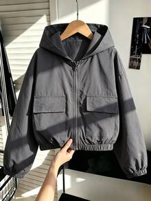 SHEIN 青少年女孩冬季抓絨長袖深灰色仿麂皮拉鍊連帽機能夾克，休閒街頭風，可愛素色，適合學校、大學、職業體驗日 - 綠色 - 查看 4
