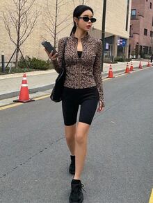 DAZY Women Fashionable Slim Fit Stand Collar Leopard Print Jacket With Zipper,Fall Clothes - Brown - View 6