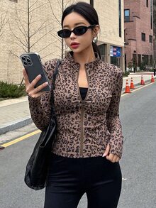 DAZY Women Fashionable Slim Fit Stand Collar Leopard Print Jacket With Zipper,Fall Clothes - Brown - View 1