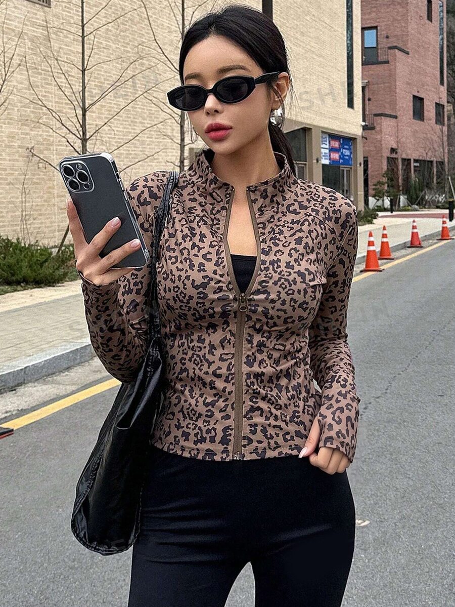 DAZY Women Fashionable Slim Fit Stand Collar Leopard Print Jacket With Zipper,Fall Clothes - Brown - View 1