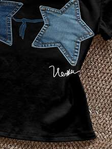 IslaSuriya [Denim Effect] 女款夏季休閒時尚街頭風明星牛仔效果拼接短袖T恤 - 黑色 - 查看 5