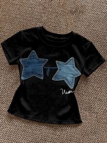 IslaSuriya [Denim Effect] 女款夏季休閒時尚街頭風明星牛仔效果拼接短袖T恤 - 黑色 - 查看 1