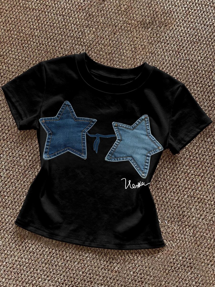 IslaSuriya [Denim Effect] 女款夏季休閒時尚街頭風明星牛仔效果拼接短袖T恤 - 黑色 - 查看 1