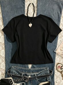 IslaSuriya [Denim Effect] 女款夏季休閒時尚街頭風明星牛仔效果拼接短袖T恤 - 黑色 - 查看 2