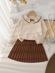 SHEIN 4-7歲女童2件套，咖啡色針織上衣配彼得潘領，彼得潘領與蝴蝶結，百褶裙，溫柔復古風，春秋兒童服飾 - 卡其色 - 查看 3