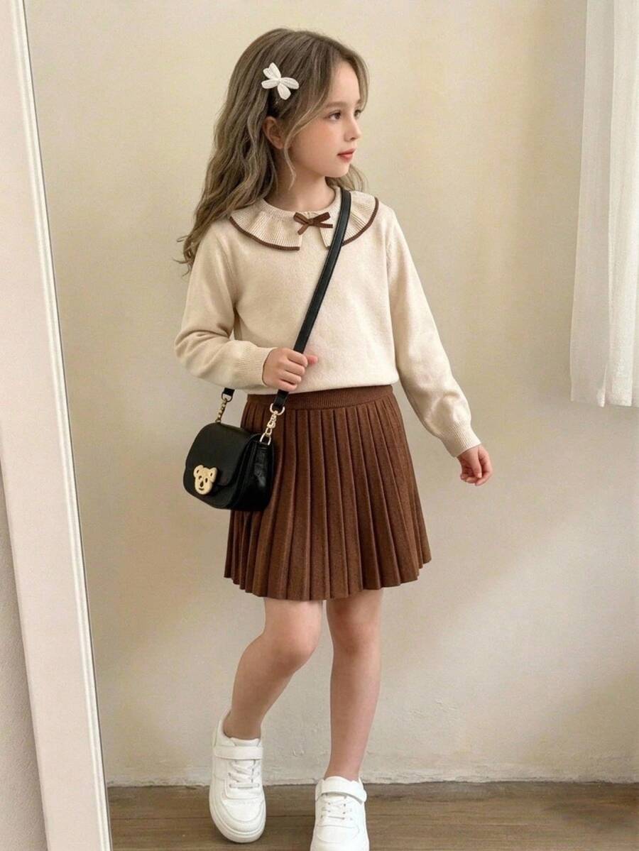SHEIN 4-7歲女童2件套,咖啡色針織上衣配彼得潘領,彼得潘領與蝴蝶結,百褶裙,溫柔復古風,春秋兒童服飾 - 卡其色 - 查看 1