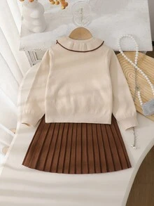 SHEIN 4-7歲女童2件套，咖啡色針織上衣配彼得潘領，彼得潘領與蝴蝶結，百褶裙，溫柔復古風，春秋兒童服飾 - 卡其色 - 查看 2