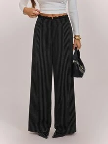 SHEIN Tall بنطلون عمل نسائي طويل مخطط باللون الأسود مع رقعات دانتيل منسوج - الأسود - مشاهدة 3