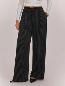 SHEIN Tall بنطلون عمل نسائي طويل مخطط باللون الأسود مع رقعات دانتيل منسوج - الأسود - مشاهدة 8