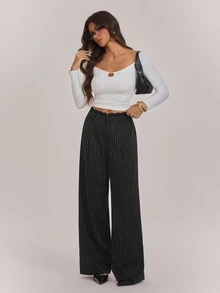 SHEIN Tall بنطلون عمل نسائي طويل مخطط باللون الأسود مع رقعات دانتيل منسوج - الأسود - مشاهدة 7