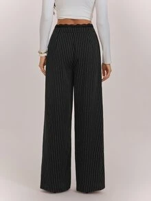 SHEIN Tall بنطلون عمل نسائي طويل مخطط باللون الأسود مع رقعات دانتيل منسوج - الأسود - مشاهدة 2