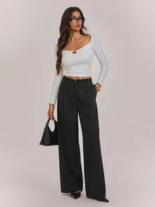 SHEIN Tall بنطلون عمل نسائي طويل مخطط باللون الأسود مع رقعات دانتيل منسوج - الأسود - مشاهدة 5