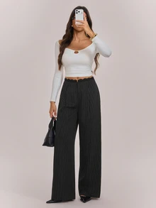 SHEIN Tall بنطلون عمل نسائي طويل مخطط باللون الأسود مع رقعات دانتيل منسوج - الأسود - مشاهدة 6