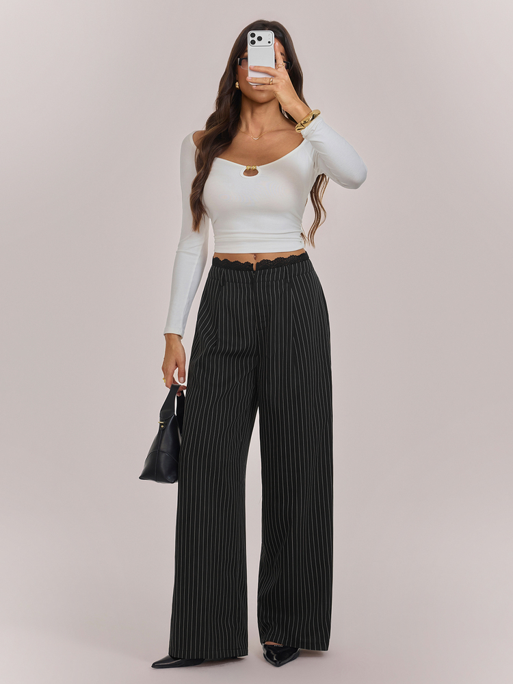 SHEIN Tall 高個女款黑色條紋蕾絲拼接梭織工作長褲 - 黑色 - 查看 6