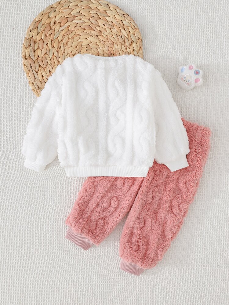 SHEIN Kids Baby Girl Cartoon Bear Pattern Faux Fur Thick Crew Neck Long Sleeve Pullover Sweatshirt And Elastic Waist Cuffed Long Pants 2 Pieces Set, Comfortable Versatile Fashion Daily Cute Casual Minimalist All-Match Style - Multicolor - View 3