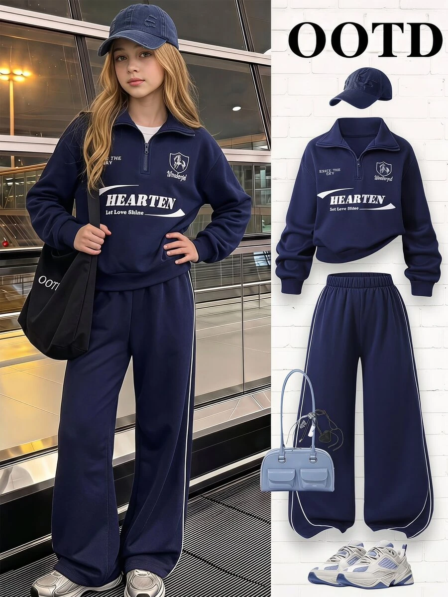SHEIN Reset Phase 女童大童春秋冬季休閒兩件套,紐約字母印花立領衛衣與短褲套裝,保暖校園穿搭,適合日常上學通勤、外出散步、購物旅行,可搭配夾克、背心或鋪棉外套 - 藍色 - 查看 1