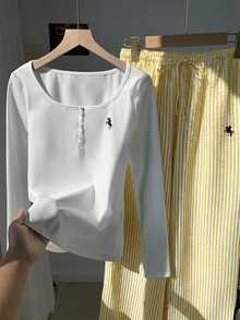 Comfortcana Women's Knight Print Button Half-Placket Long Sleeve T-Shirt And Striped Long Pants Casual 2 Pieces Set - Multicolor - View 7