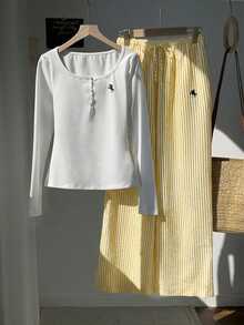 Comfortcana Women's Knight Print Button Half-Placket Long Sleeve T-Shirt And Striped Long Pants Casual 2 Pieces Set - Multicolor - View 3