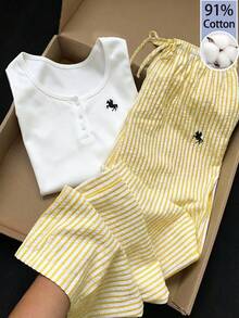 Comfortcana Women's Knight Print Button Half-Placket Long Sleeve T-Shirt And Striped Long Pants Casual 2 Pieces Set - Multicolor - View 1