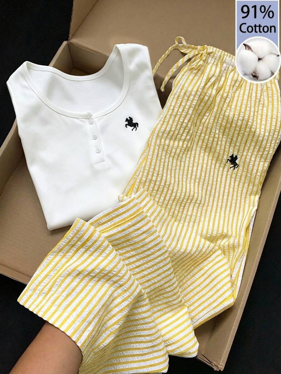 Comfortcana Women's Knight Print Button Half-Placket Long Sleeve T-Shirt And Striped Long Pants Casual 2 Pieces Set - Multicolor - View 1