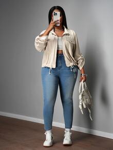 Veslaya Women Plus Size Casual & Elegant Short Jacket For Autumn Hiking,Solid Apricot Long Sleeve With Utility Pockets,Drawstring Hem Fall New Arrival Jacket - Apricot - View 6