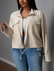 Veslaya Women Plus Size Casual & Elegant Short Jacket For Autumn Hiking,Solid Apricot Long Sleeve With Utility Pockets,Drawstring Hem Fall New Arrival Jacket - Apricot - View 8