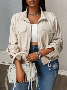 Veslaya Women Plus Size Casual & Elegant Short Jacket For Autumn Hiking,Solid Apricot Long Sleeve With Utility Pockets,Drawstring Hem Fall New Arrival Jacket - Apricot - View 3