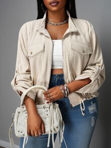 Veslaya Women Plus Size Casual & Elegant Short Jacket For Autumn Hiking,Solid Apricot Long Sleeve With Utility Pockets,Drawstring Hem Fall New Arrival Jacket - Apricot - View 7
