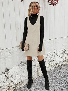 Pariaura Corduroy Solid Pinafore Dress Without Jumper - Apricot - View 3