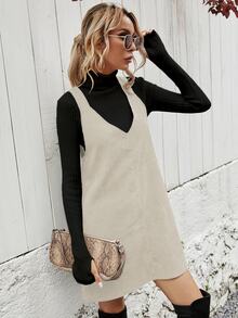 Pariaura Corduroy Solid Pinafore Dress Without Jumper - Apricot - View 6
