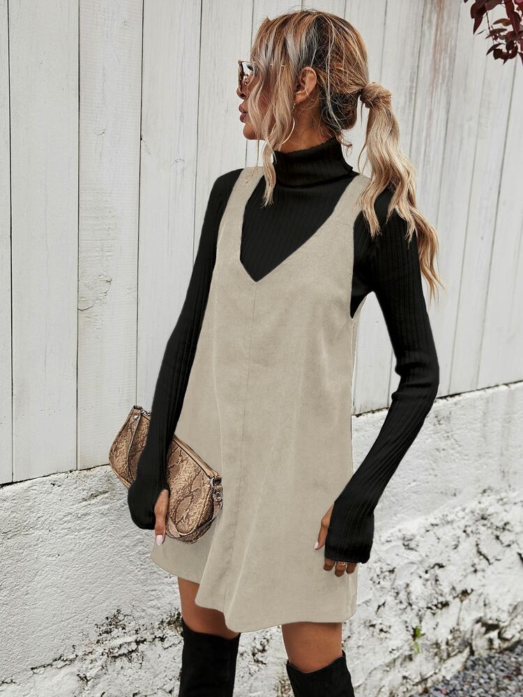 Pariaura Corduroy Solid Overall Dress Without Sweater - Apricot - View 7