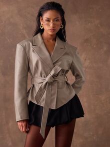 SHEIN BAE Women's Autumn Fashion Double-Breasted Belted Jacket - Khaki - View 3