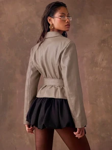 SHEIN BAE Women's Autumn Fashion Double-Breasted Belted Jacket - Khaki - View 2
