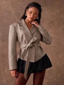 SHEIN BAE Women's Autumn Fashion Double-Breasted Belted Jacket - Khaki - View 4