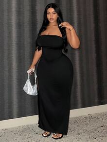 Veslaya Plus Size Elegant Casual Solid Color Strapless High Slit Women's Dress - Black - View 3
