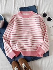 SHEIN Tween Girls' 2026 Autumn Winter New Sweaters, Pink Striped Knitted Pullover, Crew Neck & Long - Pink - View 4