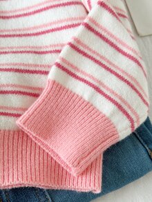 SHEIN Tween Girls' 2026 Autumn Winter New Sweaters, Pink Striped Knitted Pullover, Crew Neck & Long - Pink - View 7