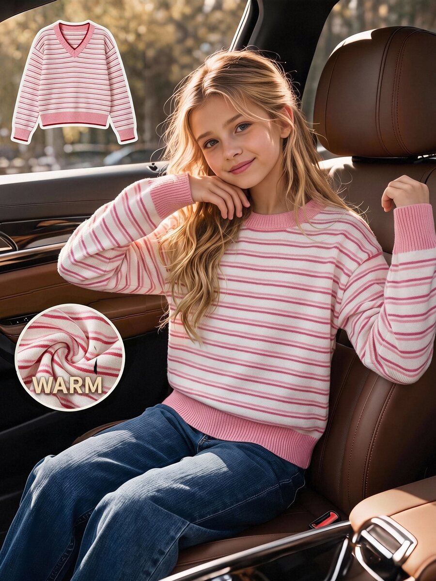 SHEIN Tween Girls' 2026 Autumn Winter New Sweaters, Pink Striped Knitted Pullover, Crew Neck & Long