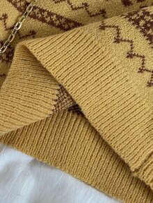 女童針織兩件套，粉色可愛刺繡兔子格紋毛衣 + 針織迷你裙，青少年女款長袖V領套頭衫，休閒優雅風格，適合秋冬 - 黃色 - 查看 5