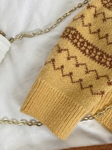 女童針織兩件套，粉色可愛刺繡兔子格紋毛衣 + 針織迷你裙，青少年女款長袖V領套頭衫，休閒優雅風格，適合秋冬 - 黃色 - 查看 4