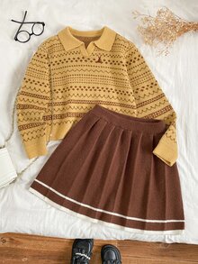 女童針織兩件套，粉色可愛刺繡兔子格紋毛衣 + 針織迷你裙，青少年女款長袖V領套頭衫，休閒優雅風格，適合秋冬 - 黃色 - 查看 9