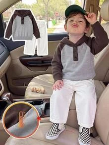 Young Boy Baby Blue Raglan Sleeve Half Button Placket Hooded Sweater Birthday Autumn - Grey - View 1