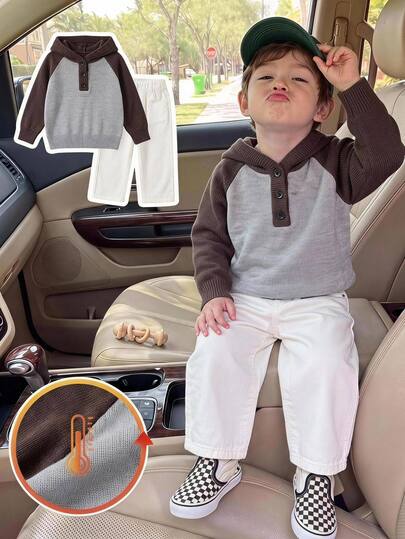 Young Boy Baby Blue Raglan Sleeve Half Button Placket Hooded Sweater Birthday Autumn