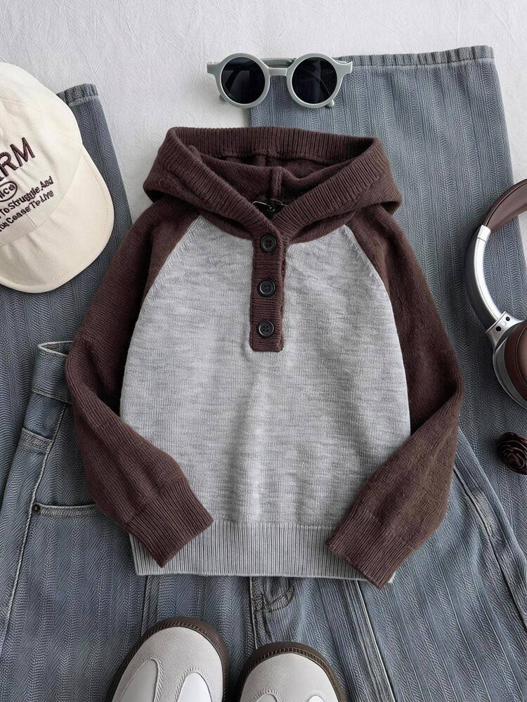 Young Boy Two Tone Raglan Sleeve Half Button Placket Hooded Sweater - Grey - View 10