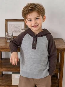 Young Boy Baby Blue Raglan Sleeve Half Button Placket Hooded Sweater Birthday Autumn - Grey - View 12