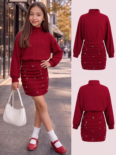 SHEIN Tween Girls Red Knit Ribbed High Neck Loose Cinched Waist Ruched Snug Fit Dress Casual Streetwear Elegant Vintage Versatile Inner Layer Long Sleeve Beaded Short Dress, Suitable For Christmas Party Tween Girl Autumn Winter