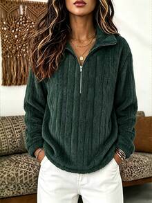 Holdful Holdful Women's Vertical Striped Half-Zip Fleece Pullover Top, Loose Lazy Fit Long Sleeve Fuzzy Sweater, Suitable For Daily Commute, Thanksgiving, Christmas - Army Green - View 3