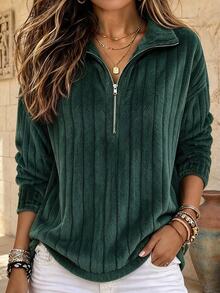 Holdful Holdful Women's Vertical Striped Half-Zip Fleece Pullover Top, Loose Lazy Fit Long Sleeve Fuzzy Sweater, Suitable For Daily Commute, Thanksgiving, Christmas - Army Green - View 8